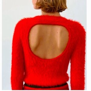ZARA Fuzzy Open Back Sweater Red Orange Size S